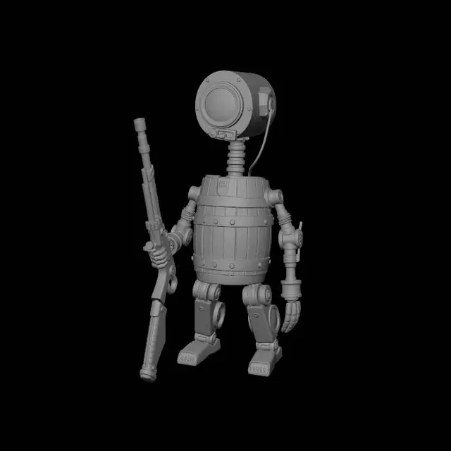 3D model for Barrel is a massive, anthropomorphic robot, but deadly robot. Its main feature is a wooden barrel, which it uses as armor and possibly as a means of transportation (it rolls around in it).
Head: Cylindrical, resembling a tin can or a small barrel placed vertically. The color is rusty metal (dark brown with orange streaks). The head has a single large, glowing red eye, which is round and has a narrow vertical pupil (similar to a reptile or a Terminator). The eye rotates in its socket and can be narrowed or widened. Above the eye is a short antenna with a flashing red light. Instead of a mouth, there is a metal grate from which steam occasionally escapes.
The body: A wooden barrel made of dark oak with iron hoops. 
Weapon: "Side gun" - a futuristic musket, stylized as an old pirate gun.