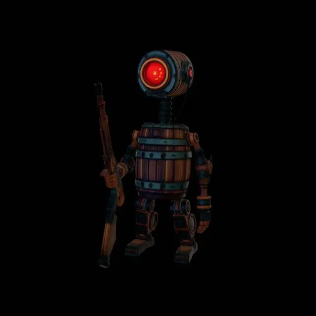 3D model for Barrel is a massive, anthropomorphic robot, but deadly robot. Its main feature is a wooden barrel, which it uses as armor and possibly as a means of transportation (it rolls around in it).
Head: Cylindrical, resembling a tin can or a small barrel placed vertically. The color is rusty metal (dark brown with orange streaks). The head has a single large, glowing red eye, which is round and has a narrow vertical pupil (similar to a reptile or a Terminator). The eye rotates in its socket and can be narrowed or widened. Above the eye is a short antenna with a flashing red light. Instead of a mouth, there is a metal grate from which steam occasionally escapes.
The body: A wooden barrel made of dark oak with iron hoops. 
Weapon: "Side gun" - a futuristic musket, stylized as an old pirate gun.