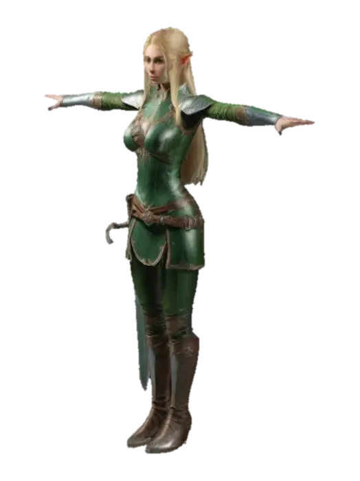 A fantasy female elf swordsman with long blonde hair and green leather armor, in… 3D model, vytvořený pomocí AI