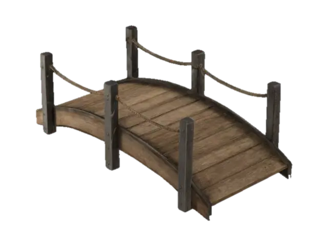 Generate a low-poly wooden bridge with a simple, slightly curved structure. Include… 3D model, vytvořený pomocí AI