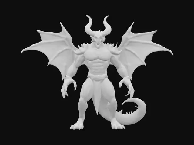 3D model for #game figure#, "Create a powerful humanoid Infernal Dragon Lord model with immense physique, detailed scales, and intimidating draconic features. Armor plating and fiery glowing veins intricately cover muscular form. Include elaborate horns, wings, sharp claws, and volcanic textures featuring molten rock-like cracks. Pose confidently, conveying raw power and fierce dominance, enhanced by intense fiery glowing highlights."