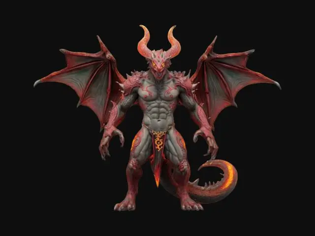 3D model for #game figure#, "Create a powerful humanoid Infernal Dragon Lord model with immense physique, detailed scales, and intimidating draconic features. Armor plating and fiery glowing veins intricately cover muscular form. Include elaborate horns, wings, sharp claws, and volcanic textures featuring molten rock-like cracks. Pose confidently, conveying raw power and fierce dominance, enhanced by intense fiery glowing highlights."