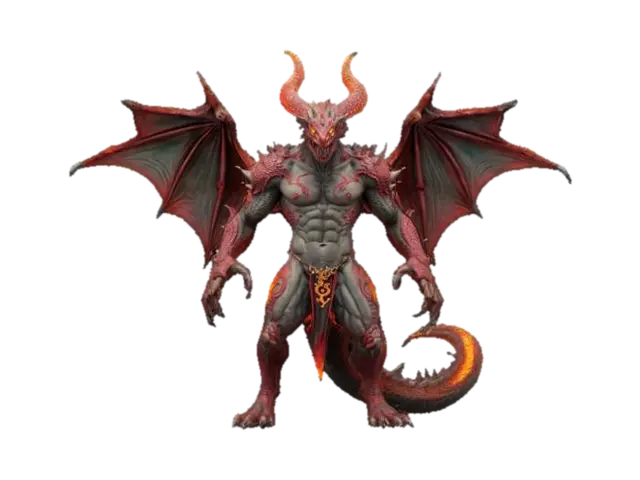 3D model for #game figure#, "Create a powerful humanoid Infernal Dragon Lord model with immense physique, detailed scales, and intimidating draconic features. Armor plating and fiery glowing veins intricately cover muscular form. Include elaborate horns, wings, sharp claws, and volcanic textures featuring molten rock-like cracks. Pose confidently, conveying raw power and fierce dominance, enhanced by intense fiery glowing highlights."







