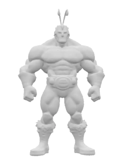 3D model for Generate a towering, hyper-muscular humanoid wrestler whose head is that of a fierce bumble bee. Emphasize broad shoulders, massive arms, and sharply defined abs. Include a powerful stance—perhaps mid-flex or ready to grapple. The bee head features large, segmented eyes, fuzzy antennae, and a pronounced mandible, blending seamlessly with the humanoid neck. Outfit him in a bold wrestling belt or minimal singlet to spotlight his colossal physique.