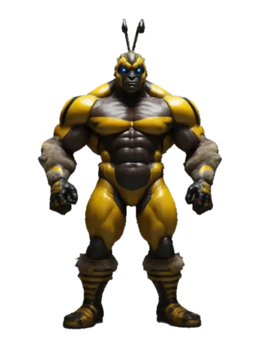 3D model for Generate a towering, hyper-muscular humanoid wrestler whose head is that of a fierce bumble bee. Emphasize broad shoulders, massive arms, and sharply defined abs. Include a powerful stance—perhaps mid-flex or ready to grapple. The bee head features large, segmented eyes, fuzzy antennae, and a pronounced mandible, blending seamlessly with the humanoid neck. Outfit him in a bold wrestling belt or minimal singlet to spotlight his colossal physique.