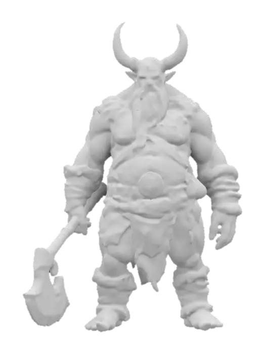 3D model for Design a hulking, barbarian-like creature with a muscular, beastly physique. Its body is wrapped in tattered furs and armor scraps, with jagged horns or tusks protruding from its face. The skin is scarred and covered in tribal markings. It wields a massive, chipped stone axe or spiked club. Texture the skin rough with visible veins, the furs coarse and battle-worn, and the weapon’s wood splintered with a weathered stone or rusted metal head, #ChronoForgeWeapon#