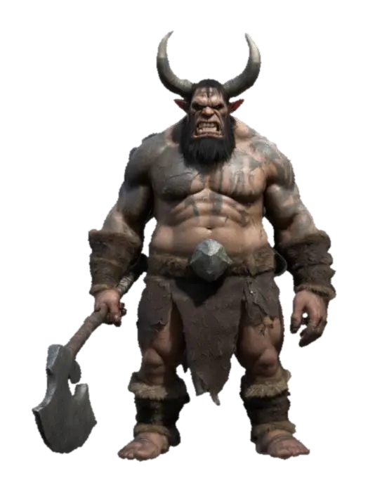 3D model for Design a hulking, barbarian-like creature with a muscular, beastly physique. Its body is wrapped in tattered furs and armor scraps, with jagged horns or tusks protruding from its face. The skin is scarred and covered in tribal markings. It wields a massive, chipped stone axe or spiked club. Texture the skin rough with visible veins, the furs coarse and battle-worn, and the weapon’s wood splintered with a weathered stone or rusted metal head, #ChronoForgeWeapon#