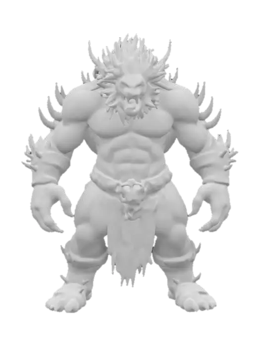 3D model for Design a fierce, beastly companion for a barbarian warrior. The creature should be massive, with a muscular, primal build covered in thick fur or armored scales. Its face should have sharp fangs, glowing eyes, and spiked ridges along its back. Large claws and a powerful stance make it appear battle-ready. Texture the fur or scales rugged and scarred, claws chipped from combat, and tribal markings glowing faintly along its body, showing its deep connection to its master., #ChronoForgeWeapon#