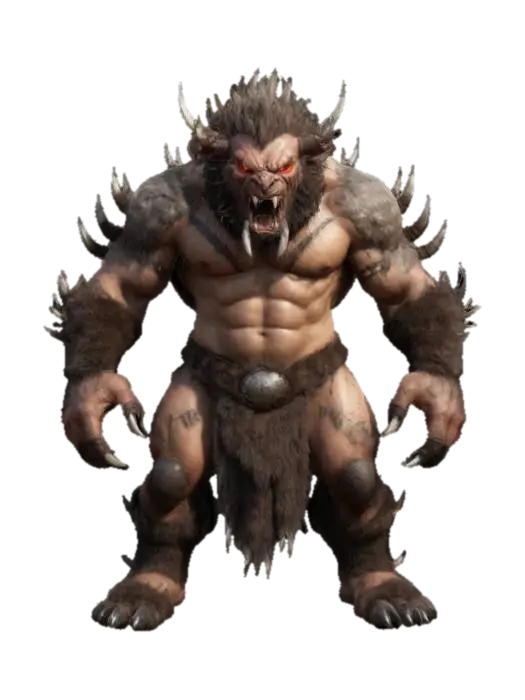 3D model for Design a fierce, beastly companion for a barbarian warrior. The creature should be massive, with a muscular, primal build covered in thick fur or armored scales. Its face should have sharp fangs, glowing eyes, and spiked ridges along its back. Large claws and a powerful stance make it appear battle-ready. Texture the fur or scales rugged and scarred, claws chipped from combat, and tribal markings glowing faintly along its body, showing its deep connection to its master., #ChronoForgeWeapon#