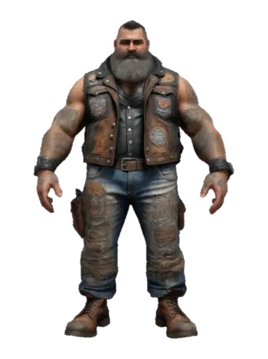 Design a towering, intimidating biker man with broad shoulders, muscular arms, and a… 3D model, vytvořený pomocí AI