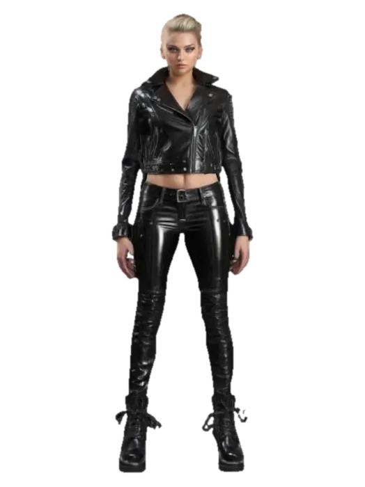 Design a sexy, confident biker woman with a toned figure, wearing a sleek leather… 3D model, vytvořený pomocí AI