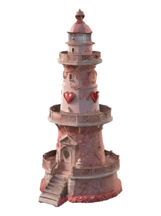 #valentine#,Design a tall, romantic lighthouse perched on a coral-strewn shore, crowned by… - Beacon 3D model, AI generated