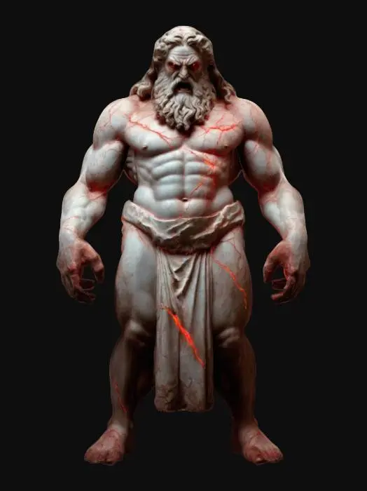 3D model for #valentine#, Model an imposing figure of Zeus that appears ominously possessed. He stands in a classic Greek pose,  but his expression is warped by unnatural rage—eyes sunken and glowing faint red. Cracks run along his arms and torso, pulsing with the same eerie light. The god's surface shows detail. very powerful, strong pose