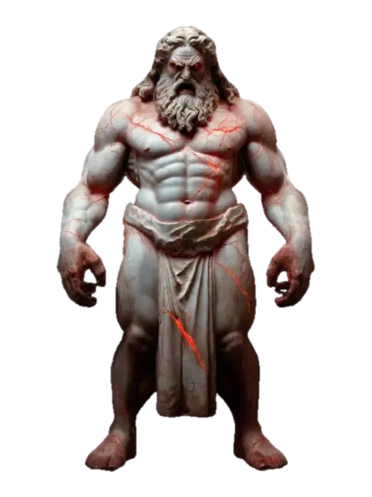 3D model for #valentine#, Model an imposing figure of Zeus that appears ominously possessed. He stands in a classic Greek pose, but his expression is warped by unnatural rage—eyes sunken and glowing faint red. Cracks run along his arms and torso, pulsing with the same eerie light. The god's surface shows detail. very powerful, strong pose