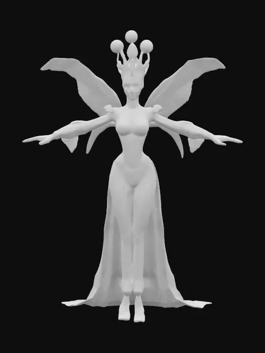 3D model for #game figure#, "Design a majestic Alien Queen figure featuring highly detailed extraterrestrial anatomy: elongated graceful limbs, elegant translucent royal attire with detailed alien patterns, ornate crown, and regal accessories. Textures blend vibrant hues—deep purples, blues, shimmering greens—with intricate bio-luminescent markings. Pose her elegantly, exuding a powerful yet captivating extraterrestrial royalty."