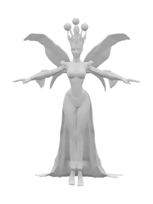 3D model for #game figure#, "Design a majestic Alien Queen figure featuring highly detailed extraterrestrial anatomy: elongated graceful limbs, elegant translucent royal attire with detailed alien patterns, ornate crown, and regal accessories. Textures blend vibrant hues—deep purples, blues, shimmering greens—with intricate bio-luminescent markings. Pose her elegantly, exuding a powerful yet captivating extraterrestrial royalty."

