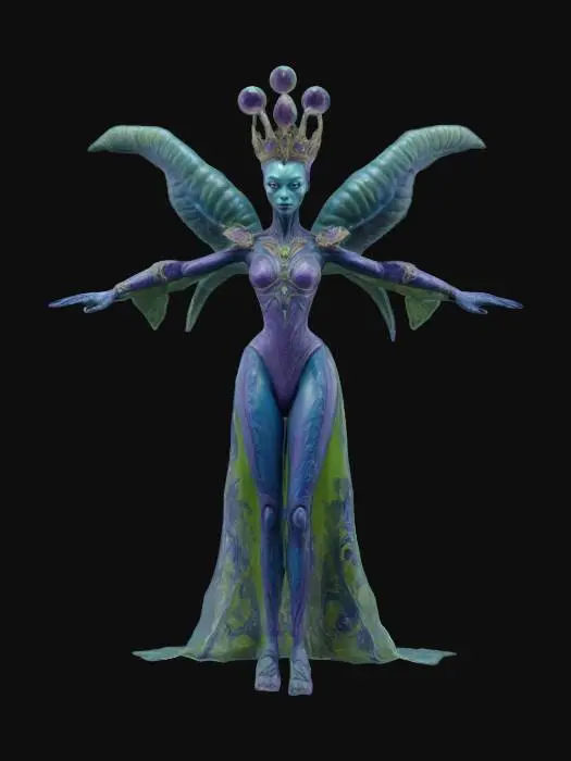 3D model for #game figure#, "Design a majestic Alien Queen figure featuring highly detailed extraterrestrial anatomy: elongated graceful limbs, elegant translucent royal attire with detailed alien patterns, ornate crown, and regal accessories. Textures blend vibrant hues—deep purples, blues, shimmering greens—with intricate bio-luminescent markings. Pose her elegantly, exuding a powerful yet captivating extraterrestrial royalty."