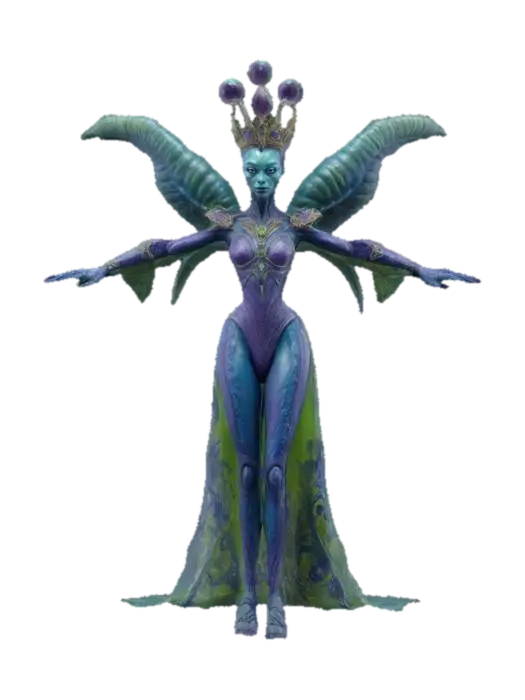 3D model for #game figure#, "Design a majestic Alien Queen figure featuring highly detailed extraterrestrial anatomy: elongated graceful limbs, elegant translucent royal attire with detailed alien patterns, ornate crown, and regal accessories. Textures blend vibrant hues—deep purples, blues, shimmering greens—with intricate bio-luminescent markings. Pose her elegantly, exuding a powerful yet captivating extraterrestrial royalty."

