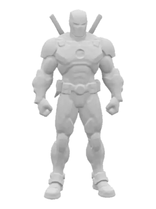 3D model for #game figure#, Design a detailed, dynamic superhero figure combining Iron Man's high-tech armor and Deadpool's iconic style. Merge Iron Man’s metallic, segmented suit with Deadpool’s red-and-black color scheme, distinctive eye patterns, utility belts, and weapon holsters. Include detailed armor plating, clear joints, and expressive eyes on the mask. Pose confidently in action-ready stance, showcasing both Iron Man’s advanced armor elements and Deadpool’s playful, humorous personality.