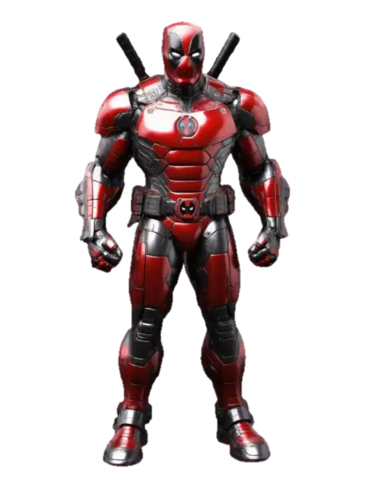3D model for #game figure#, Design a detailed, dynamic superhero figure combining Iron Man's high-tech armor and Deadpool's iconic style. Merge Iron Man’s metallic, segmented suit with Deadpool’s red-and-black color scheme, distinctive eye patterns, utility belts, and weapon holsters. Include detailed armor plating, clear joints, and expressive eyes on the mask. Pose confidently in action-ready stance, showcasing both Iron Man’s advanced armor elements and Deadpool’s playful, humorous personality.