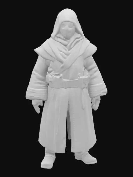 3D model for A detailed, stylized 3D Jawa model from Star Wars, humanoid form standing upright, small stature, hooded robe with wide sleeves and rugged fabric texture, hidden face with glowing eyes beneath dark hood, layered cloth wraps, bandoliers, belts with small pouches, gloved hands, and worn leather boots. Slightly hunched posture, ready for rigging and animation, optimized geometry, capturing the iconic mysterious desert scavenger appearance.

