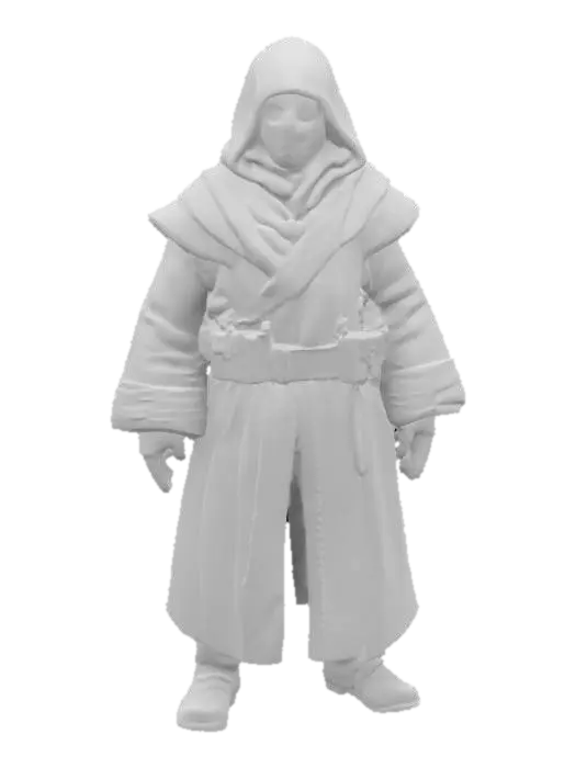 3D model for A detailed, stylized 3D Jawa model from Star Wars, humanoid form standing upright, small stature, hooded robe with wide sleeves and rugged fabric texture, hidden face with glowing eyes beneath dark hood, layered cloth wraps, bandoliers, belts with small pouches, gloved hands, and worn leather boots. Slightly hunched posture, ready for rigging and animation, optimized geometry, capturing the iconic mysterious desert scavenger appearance.

