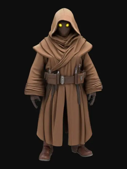3D model for A detailed, stylized 3D Jawa model from Star Wars, humanoid form standing upright, small stature, hooded robe with wide sleeves and rugged fabric texture, hidden face with glowing eyes beneath dark hood, layered cloth wraps, bandoliers, belts with small pouches, gloved hands, and worn leather boots. Slightly hunched posture, ready for rigging and animation, optimized geometry, capturing the iconic mysterious desert scavenger appearance.

