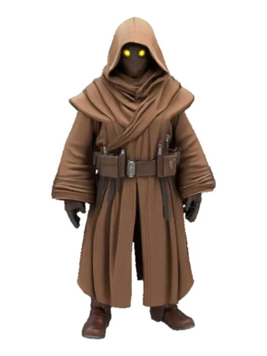3D model for A detailed, stylized 3D Jawa model from Star Wars, humanoid form standing upright, small stature, hooded robe with wide sleeves and rugged fabric texture, hidden face with glowing eyes beneath dark hood, layered cloth wraps, bandoliers, belts with small pouches, gloved hands, and worn leather boots. Slightly hunched posture, ready for rigging and animation, optimized geometry, capturing the iconic mysterious desert scavenger appearance.

