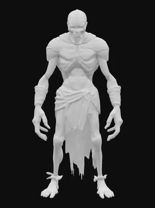 3D model for Undead zombie creature in the style of classic EverQuest — gaunt, decayed humanoid figure with rotting grayish-green flesh, exposed bones, torn medieval-style armor, glowing red eyes, and long dirty claws. Wears tattered cloth remnants and a rusted iron helm. Lean frame, hunched posture, slow but menacing stance. Styled with low-fantasy realism and gritty textures, ideal for a dark MMORPG world. Standing idle in a graveyard setting.