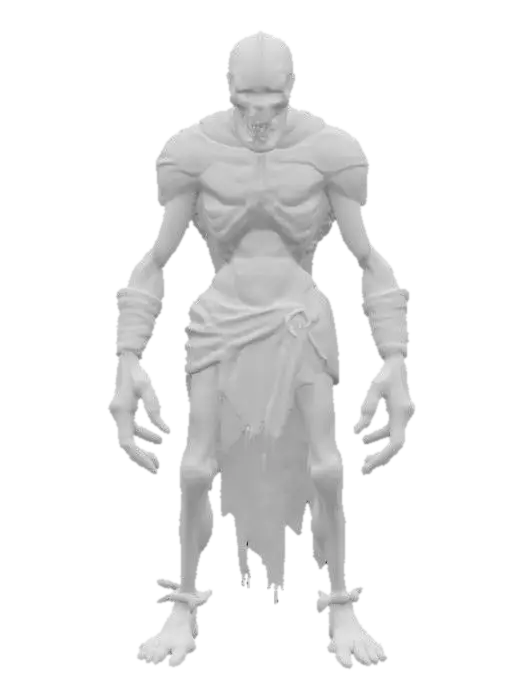 3D model for Undead zombie creature in the style of classic EverQuest — gaunt, decayed humanoid figure with rotting grayish-green flesh, exposed bones, torn medieval-style armor, glowing red eyes, and long dirty claws. Wears tattered cloth remnants and a rusted iron helm. Lean frame, hunched posture, slow but menacing stance. Styled with low-fantasy realism and gritty textures, ideal for a dark MMORPG world. Standing idle in a graveyard setting.