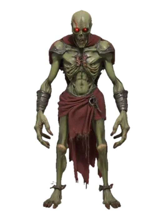 3D model for Undead zombie creature in the style of classic EverQuest — gaunt, decayed humanoid figure with rotting grayish-green flesh, exposed bones, torn medieval-style armor, glowing red eyes, and long dirty claws. Wears tattered cloth remnants and a rusted iron helm. Lean frame, hunched posture, slow but menacing stance. Styled with low-fantasy realism and gritty textures, ideal for a dark MMORPG world. Standing idle in a graveyard setting.