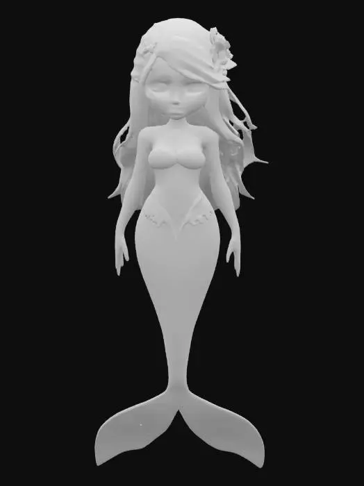 3D model for #ocean#, A breathtaking mermaid styled like a Pixar heroine with expressive eyes, soft stylized facial features, and a fluid, elegant silhouette. Her iridescent tail shimmers from aqua to violet, layered in semi-realistic overlapping scales with subtle seafoam gloss. She wears a coral-patterned top made of soft abalone shell and flowing sea-silk wraps that move gently with current. Her long hair drifts gracefully, adorned with pearls, kelp braids, and tiny glowing anemones. Her skin has a gentle, sun-kissed glow with subtle underwater lighting. She radiates charm, curiosity, and wonder — designed with a balance of stylized proportions and realistic texture work for high visual appeal