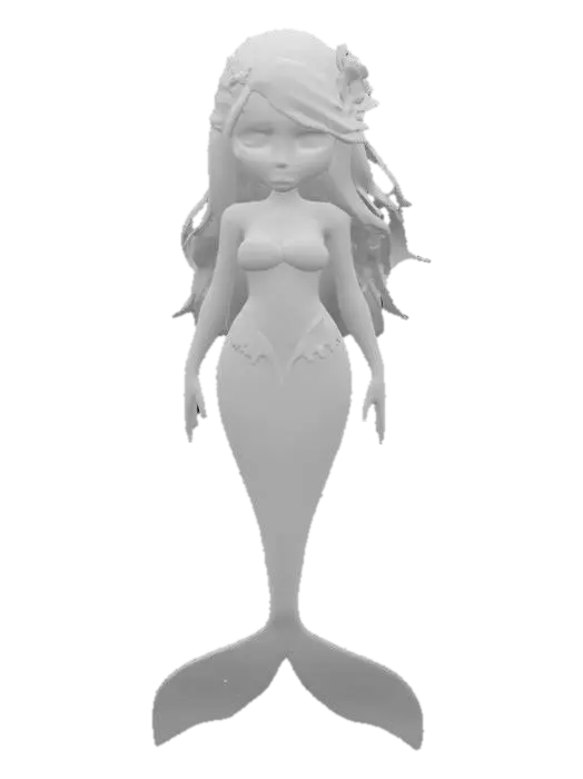 3D model for #ocean#, A breathtaking mermaid styled like a Pixar heroine with expressive eyes, soft stylized facial features, and a fluid, elegant silhouette. Her iridescent tail shimmers from aqua to violet, layered in semi-realistic overlapping scales with subtle seafoam gloss. She wears a coral-patterned top made of soft abalone shell and flowing sea-silk wraps that move gently with current. Her long hair drifts gracefully, adorned with pearls, kelp braids, and tiny glowing anemones. Her skin has a gentle, sun-kissed glow with subtle underwater lighting. She radiates charm, curiosity, and wonder — designed with a balance of stylized proportions and realistic texture work for high visual appeal