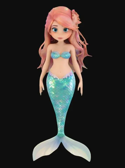3D model for #ocean#, A breathtaking mermaid styled like a Pixar heroine with expressive eyes, soft stylized facial features, and a fluid, elegant silhouette. Her iridescent tail shimmers from aqua to violet, layered in semi-realistic overlapping scales with subtle seafoam gloss. She wears a coral-patterned top made of soft abalone shell and flowing sea-silk wraps that move gently with current. Her long hair drifts gracefully, adorned with pearls, kelp braids, and tiny glowing anemones. Her skin has a gentle, sun-kissed glow with subtle underwater lighting. She radiates charm, curiosity, and wonder — designed with a balance of stylized proportions and realistic texture work for high visual appeal