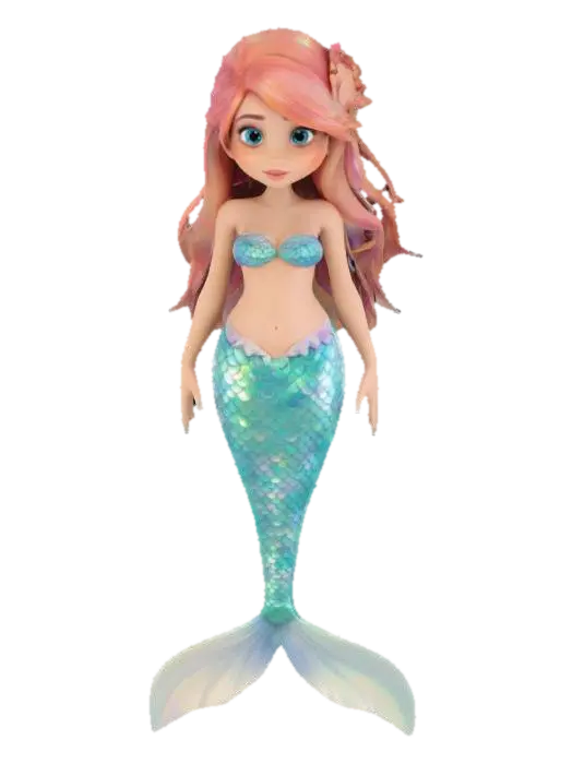 3D model for #ocean#, A breathtaking mermaid styled like a Pixar heroine with expressive eyes, soft stylized facial features, and a fluid, elegant silhouette. Her iridescent tail shimmers from aqua to violet, layered in semi-realistic overlapping scales with subtle seafoam gloss. She wears a coral-patterned top made of soft abalone shell and flowing sea-silk wraps that move gently with current. Her long hair drifts gracefully, adorned with pearls, kelp braids, and tiny glowing anemones. Her skin has a gentle, sun-kissed glow with subtle underwater lighting. She radiates charm, curiosity, and wonder — designed with a balance of stylized proportions and realistic texture work for high visual appeal
