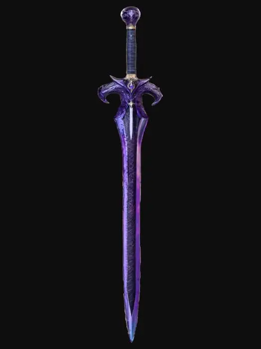 3D model for A legendary sword, exquisitely crafted from a rare, shimmering obsidian-like metal with an iridescent dark violet hue. Its impossibly sharp blade features a fine, almost invisible etched pattern that feels like smooth glass but is incredibly durable. The hilt is wrapped in supple, black dragon hide, offering a firm, textured grip, while the pommel is a polished, cool crystal orb that faintly glows with an inner light. Its elegant, slightly curved shape and balanced weight suggest immense power and ancient craftsmanship., #PBR#