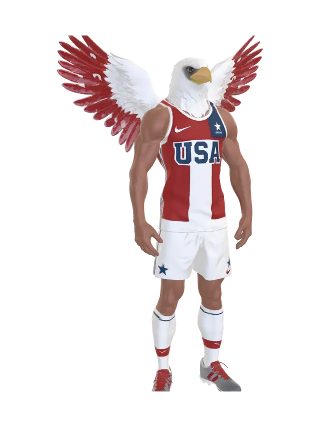 3D model for Muscular Bald Eagle soccer player for team USA, wearing a red white and blue, cool design tank top.