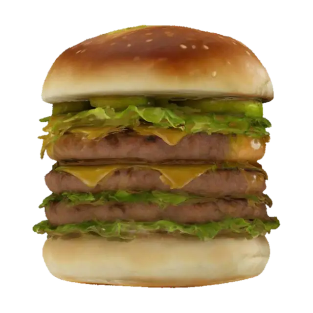 "Generate a realistic, towering Big Mac with three buns, two thick beef patties,… - Fastfood 3D model, vytvořený pomocí AI