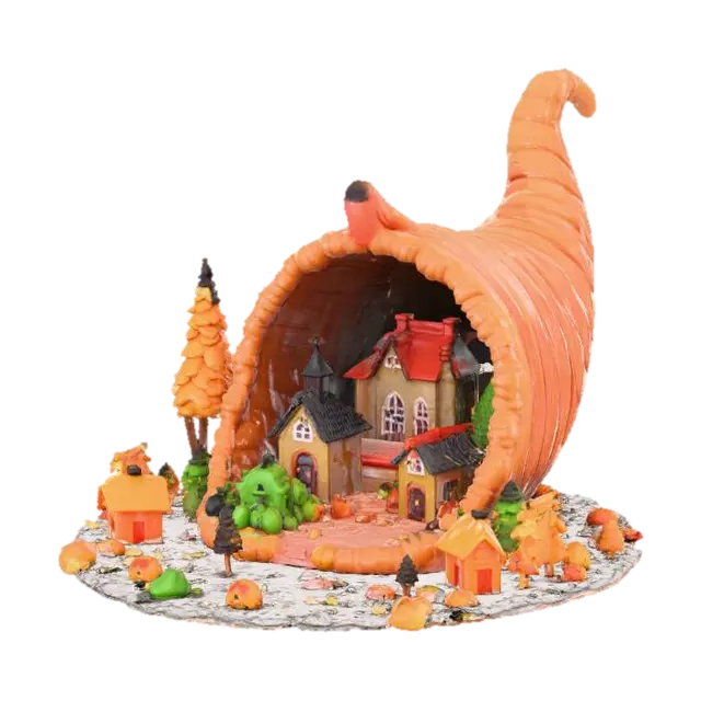 mini town in a cornucopia, #Thanksgiving# 3D model, vytvořený pomocí AI