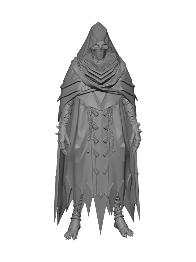 3D model for A hunched hooded plague wraith. Bottom-heavy: narrow sagging shoulders
widening steadily into a heavy cloak that is WIDEST at the hem, where it
tears into six long deep spikes like rotted cloth. Lopsided - one shoulder
hunched far higher than the other, head tilted, spine stooped forward. Deep
angular hood cavity with no face. No legs or feet, the cloak reaches the
ground. Hard flat angular facets, not curves. Low-poly game character, chunky
simple forms, no thin spindly parts, no weapons, no staff, no props, no base,
no plinth, single figure only, strong readable silhouette.