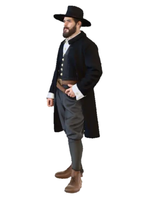 A highly realistic 17th-century Pilgrim man standing outdoors. Accurate… 3D model, vytvořený pomocí AI
