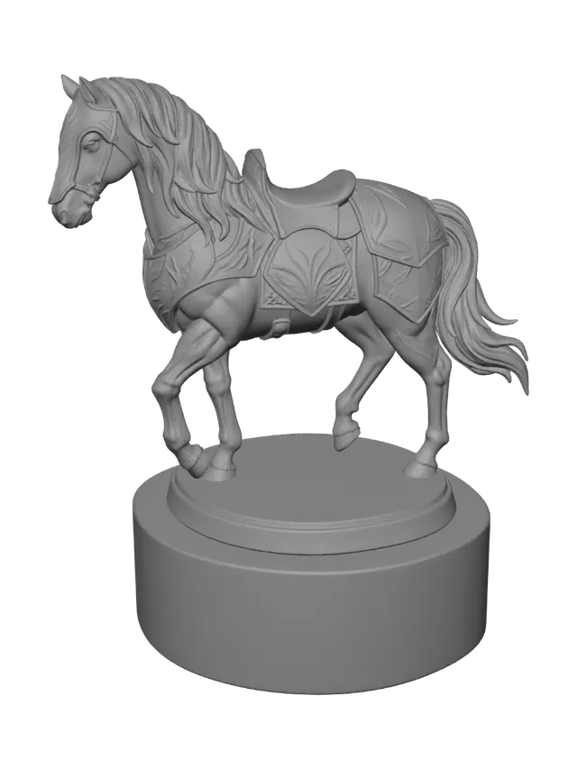 3D model for Using the same weathered silver-plate armor style, leaf-motif engravings, aged metal patina, studio lighting, gray background and pedestal as the elf commander in the reference image, generate a heavy elven war horse figure: muscular war horse wearing partial plate armor barding on chest, flank and head (chanfron), with leaf-motif engraved metal plates matching the commander's armor, ornate bridle and reins, flowing mane and tail, standing in a confident walking pose with one front hoof raised as if mid-stride. No rider. Full body, isometric three-quarter view, collectible miniature product photography, same sculpt detail level as reference.
