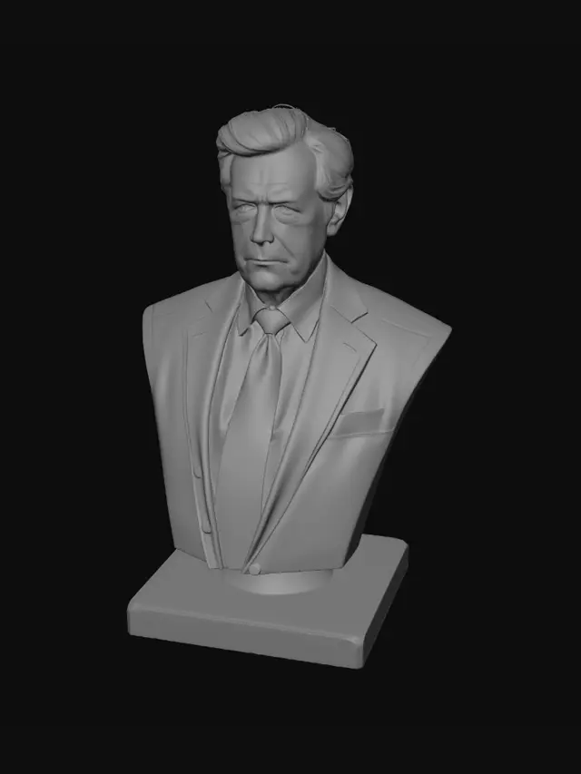 3D model for Elderly American male politician, 79 years old, voluminous swept-back light blonde to white hair, prominent rounded face with orange-tinted skin tone, small pursed lips, heavy-set build with large stomach, dark navy suit with white shirt, extra long red tie reaching well below belt, confident dominant stance with arms crossed or pointing finger, deep-set eyes with serious squinting expression, double chin, prominent nose, thick eyebrows, large hands, broad shoulders despite age, slightly flushed cheeks, realistic highly detailed portrait style, full body, presidential podium in background