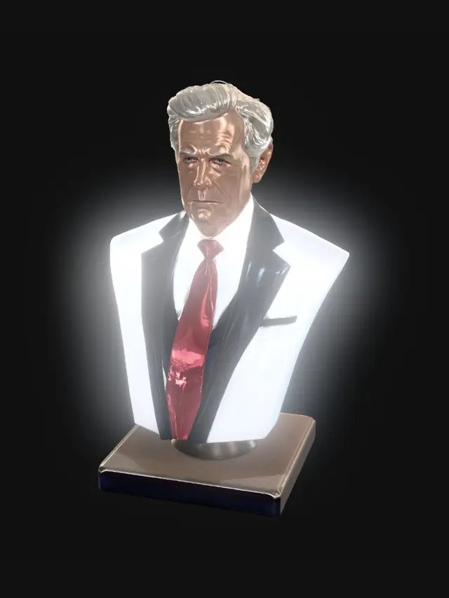 3D model for Elderly American male politician, 79 years old, voluminous swept-back light blonde to white hair, prominent rounded face with orange-tinted skin tone, small pursed lips, heavy-set build with large stomach, dark navy suit with white shirt, extra long red tie reaching well below belt, confident dominant stance with arms crossed or pointing finger, deep-set eyes with serious squinting expression, double chin, prominent nose, thick eyebrows, large hands, broad shoulders despite age, slightly flushed cheeks, realistic highly detailed portrait style, full body, presidential podium in background