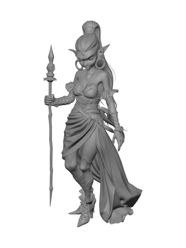 3D model for female goblin mage with two hands, with wand in left hand red silk skirt with slit to upper thigh and shredded white shirt. hoop earrings and long pony tail of hair.