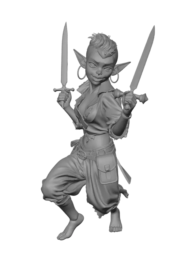 3D model for female goblin rogue with two hands, with dagger in left hand red silk pants held up by leather belt with belt pouch and shredded white shirt. hoop earrings and short pixie cut hair.