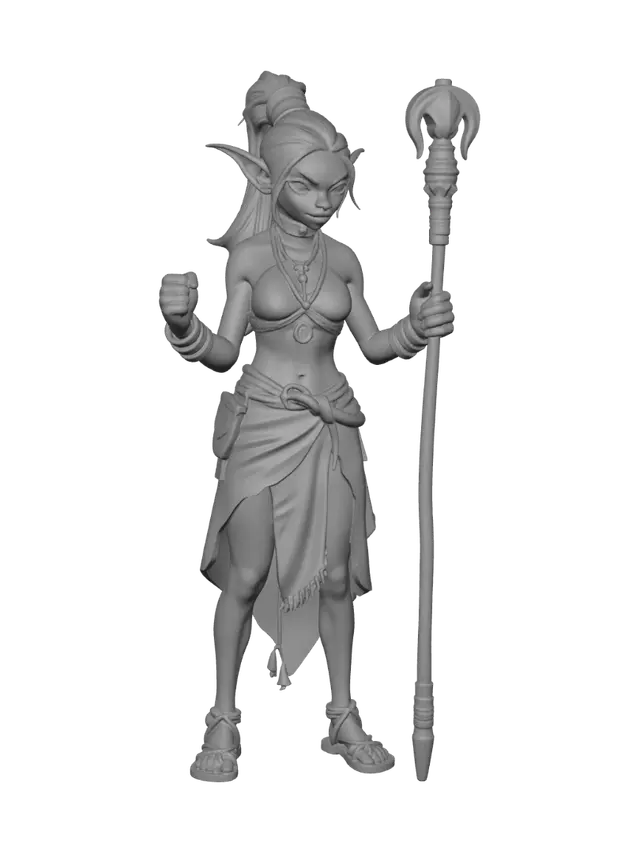 3D model for Female goblin monk with hair loosely tied back with leather cord, carrying a simple quarterstaff wearing rope flat sandals. bangles on each wrist and gold necklace holding gemstone nestled between breasts covered by halter top. Two legs  with toned thighs set in sturdy stance and belt pouch on left with  chain belt.