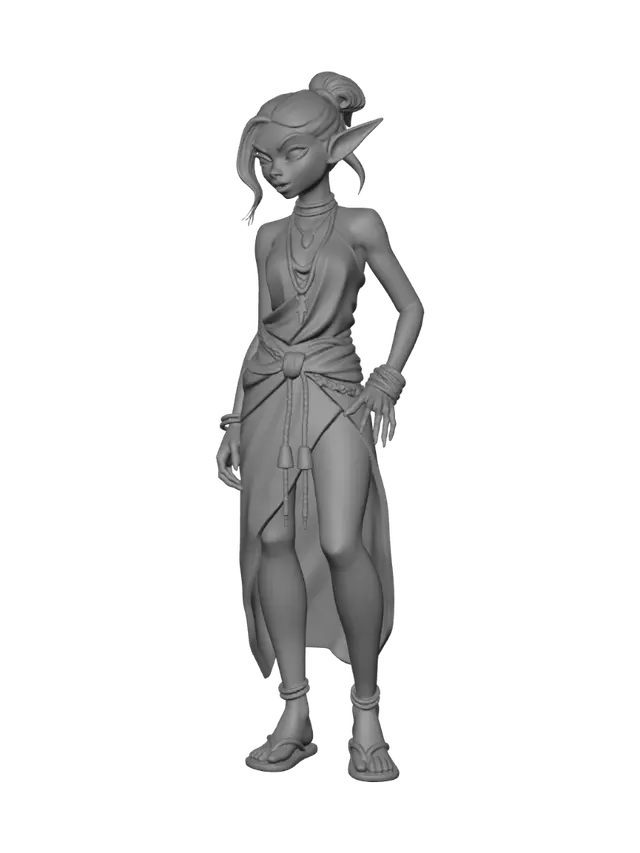 3D model for Female goblin monk with hair loosely tied back with leather cord, carrying a simple quarterstaff wearing rope flat sandals. bangles on each wrist and gold necklace holding gemstone nestled between breasts which are covered by silk halter top. Two legs  with toned thighs set in sturdy stance and belt pouch on left with  chain belt. right arm relaxed at side.