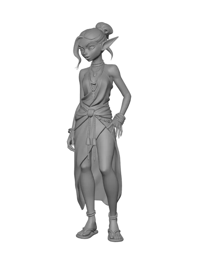 3D model for Female goblin monk with hair loosely tied back with leather cord, carrying a simple quarterstaff wearing rope flat sandals. bangles on each wrist and gold necklace holding gemstone nestled between breasts which are covered by silk halter top. Two legs  with toned thighs set in sturdy stance and belt pouch on left with  chain belt. right arm relaxed at side.