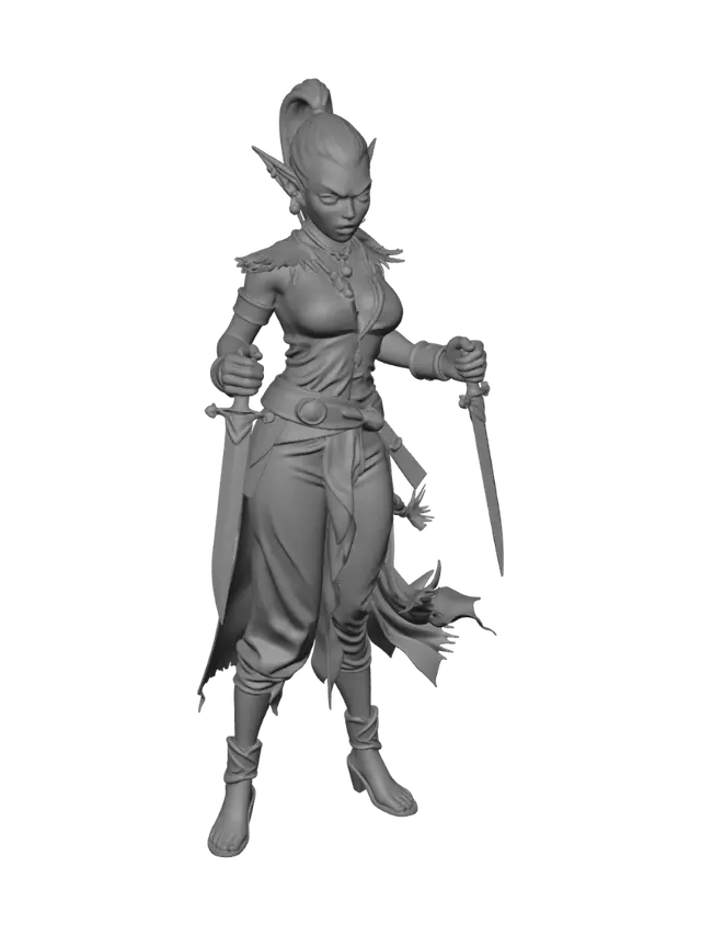3D model for female goblin warrior with two hands, with one dagger in each hand red silk pants and shredded white shirt. pierced ears and long pony tail of hair.